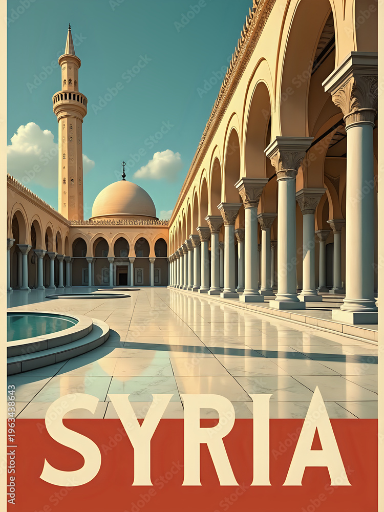 The scene shows a mosque courtyard in Syria featuring tall columns and a large dome. The sun shines brightly above, casting shadows on the marble floor. The architecture reflects local design.