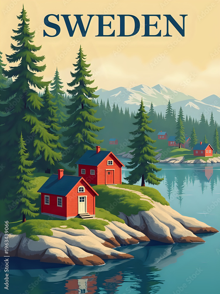 Two red houses sit on a green hill by a blue lake in Sweden. Tall green trees surround the area. Mountains are visible in the distance under a clear sky.