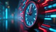 © Raisa - Close-up of digital clock with glowing red and blue neon lights. Abstract futuristic background with data streams, speed and technology theme. Modern concept.