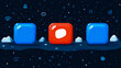 © sommersby - Vibrant Digital Icons in Space: central red, glossy app tile flanked by two blue tiles against dark, starlit digital cosmos background with floating symbols