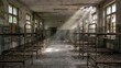 © nuansa sukses store - Abandoned dormitory, rusted metal beds, dramatic sunlight through dusty windows, revealing profound decay and forgotten past