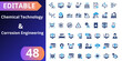 © business & UI design - Chemical technology and corrosion engineering flat icons set. laboratory research, molecular structure, industrial process, safety systems, data analysis, factory production