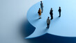 © photo for everything - Miniature business people stand on a large blue speech bubble, symbolizing communication, discussion, and social connection in a vibrant setting