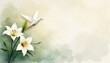 © miss irine - White dove flies near blooming lilies. Peaceful spiritual image with soft watercolor background. Elegant funeral memorial card art, calm tribute for loss and remembrance.