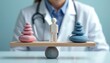© miss irine - Doctor supervises balance scale with person figure between pink and blue stone stacks. Health and life concept symbolized by balanced cairns and medical professional care.