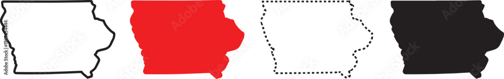 Red Iowa State Rectangular Shape Four visual styles of the Iowa state outline presented as solid black ...