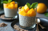 Glass of mango chia seed pudding. Creamy texture layers topped with fresh mango chunks and mint leaf garnish. Two desserts served on dark plates with spoons nearby.