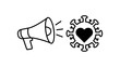 © Rakib - Viral marketing vector icon illustration featuring a minimalist black line megaphone and a virus symbol with a heart inside, representing social media reach, health awareness and messaging.