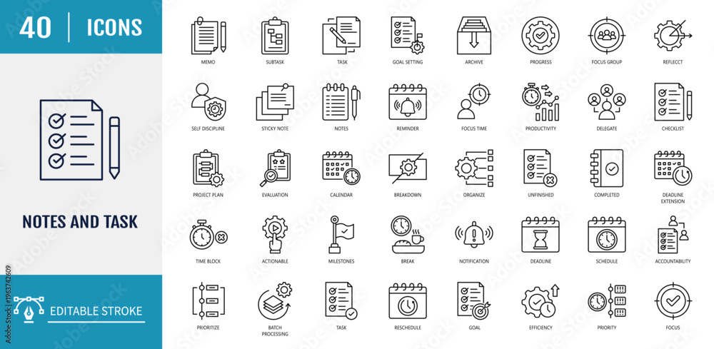 Notes and task icon set. Includes reminder, priority, deadline ...