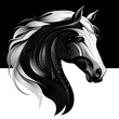 © Donna - Monochrome stylized horse head in profile with flowing mane, decorative star-like dots, dynamic linework and a majestic, graceful expression against a split black and white background
