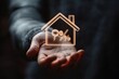 © Donna - outstretched hand presenting a glowing house outline with a percent sign inside, warm neon light over dark blurred background conveying reassurance and offer