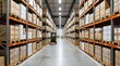 © A5 - Modern logistics distribution center with high storage racks, cardboard boxes, and a forklift