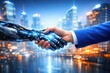 © Alamin - Human and robot shaking hands, partnership in futuristic city at night, technology collaboration.