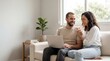 © Nexa - A happy young couple sitting on a white sofa in a bright living room, laughing while looking at a laptop together, showcasing a modern domestic lifestyle and digital connectivity at home
