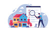 © Ripon - Professional inspector examining a house model with a magnifying glass while checking off items on a detailed report list.