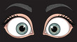 © Maruf - Close-up illustration of wide open blue human eyes with dark eyebrows set against a plain black background.