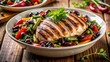 © Kitiphong - A photo of a perfectly grilled chicken breast and black bean salad arranged on a pristine white bowl The chicken is slightly charred with crispy skin