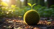 © youns - A glass earth globe sits on a bed of moss, with a new green sprout growing from the top, surrounded by a vibrant forest with sunlight filtering through the trees