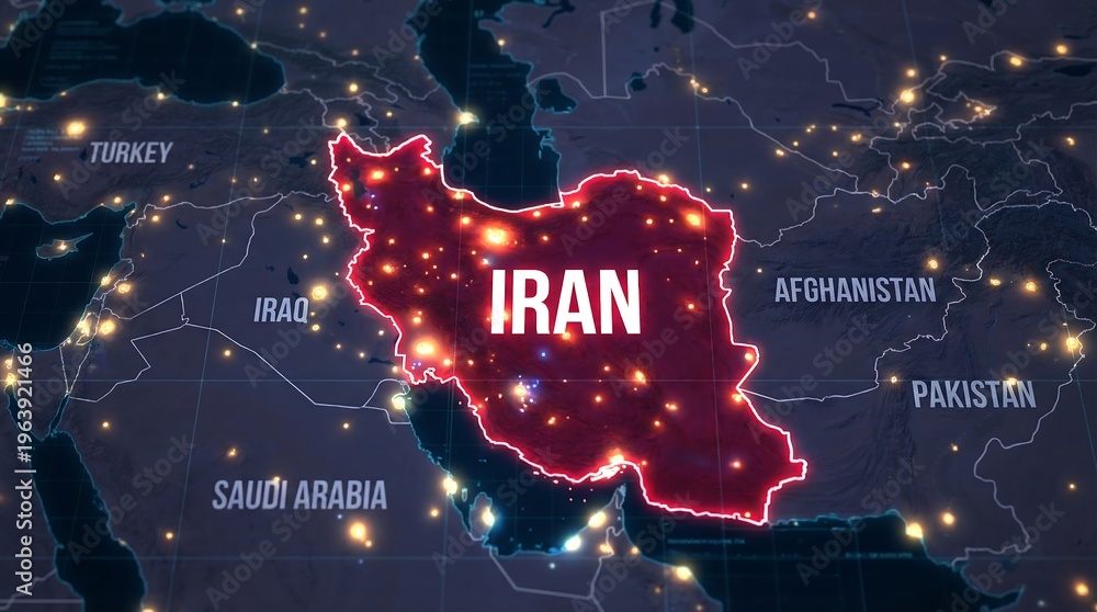 Digital map of Iran highlighted in red with glowing lights indicating ...