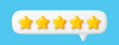 © Buch&Bee - 3d five star rate customer review feedback icon. Vector five gold stars in realistic speech bubble for customer satisfaction evaluation, quality rating, good service review rank and best product rate