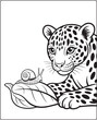 © Vect Village - Cute leopard playing with a snail on leaf black line art vector illustration for kids coloring page design