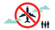 © Toriqul - Flight restriction sign featuring a red prohibited symbol over a black airplane silhouette with clouds and a family of three standing nearby.
