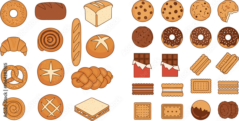 Baked Goods and Pastry Icon Set with Bread, Cookies, Croissants ...