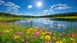 © MUHAMMAD - A vibrant spring lake scene with blooming wildflowers under a bright sun and blue sky