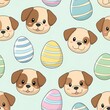 © BrainRoot - Cute puppy faces and striped easter eggs seamless pattern on light blue background, adorable pet and holiday themed illustration for textile, pet art trending, high quality, 4K