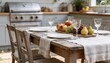 © SERHII - Rustic wooden table set for outdoor dining with fresh fruit and crystal glasses. Summer lunch in a garden kitchen with grill. Elegant table setting for family gathering at a country house
