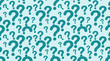© Abhinaya Project - A seamless pattern of numerous teal question marks scattered across a light blue background, symbolizing inquiry, mystery, and the unknown.
