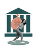 © deagreez - Vertical creative art collage of happy girl carry big money bag dollar currency bank building income isolated on painting background