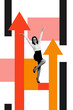 © deagreez - Vertical photo collage of happy business girl stand promotion arrow success development aim achievement isolated on painted background