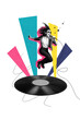 © deagreez - Vertical composite artwork collage image picture of mini girl jump sing huge vinyl record isolated on creative background