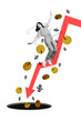 © deagreez - Vertical photo collage of astonished fear girl fall hole arrow down crack dollar golden coin bankrupt crisis isolated on painted background