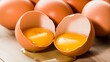 © Trendy Motion - Fresh brown egg cracked open with visible yolk and white on wooden surface