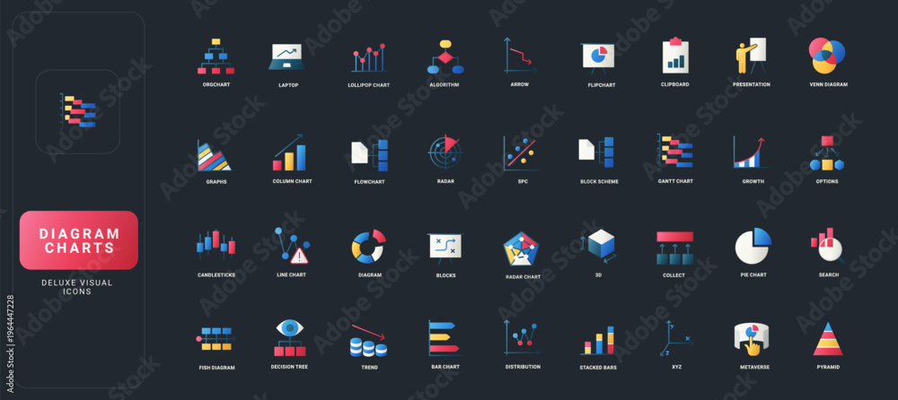 Gradient flat style icons set with diverse diagram, chart, graph, and ...
