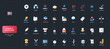 © Iconic Prototype - Gradient flat style icons set with textile, garment, care, material, and fabric feature symbols on dark UI background vector illustration for comprehensive fabric property identification.