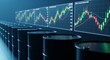 © RetroGrain - Row of black oil drums in foreground with financial stock market graphs on screens in background concept for energy trading