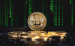 © Gautier Normand - Une pièce de Bitcoin dorée, posé sur un tas au centre. En arrière plan, un fond de lignes de code vert, symbolisant la blockchain.