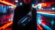© RDR - Waist bag worn at night with neon city lights and cinematic glow. Trendy streetwear product photography.