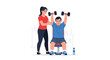 © Nure - A female fitness trainer is actively assisting an overweight man as he performs a dumbbell press exercise on a weight bench in a well-lit gym.