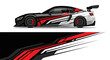 © Lailatul - Side view of a high speed sports car with bold red black white stripes and dynamic graphic design.