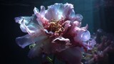 Ethereal underwater peony flower with soft pastel hues illuminated by gentle rays of light creating a serene and tranquil atmosphere in water
