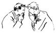 © Celestynka - Two men whispering secrets to each other in expressive minimalist ink sketch style