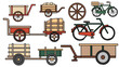 © Nada - Set of Vintage Wooden Carts Wagons and Classic Bicycles Vector Illustration, Traditional Transport and Agricultural Icons