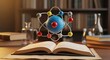 © florynstudio3 - Atom model hovering over an open book, surrounded by lab equipment and books on a wooden table