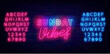 © Anastasia Gapeeva - Sunday vibes neon label. Weekend mood. Glowing greeting card. Shiny pink and blue alphabet. Colorful handwritten text. Light poster on brick wall. Editable stroke. Vector stock illustration