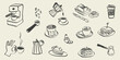 © Olga Rai - Coffee and brunch doodle icons for cafe menu design. Italian breakfast sketch with croissant, espresso cup and fresh pastries in retro line art style. Chalk vector illustration