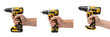 © Army - Collage of hands holding a yellow cordless electric drill in different positions, professional power tool for construction and DIY isolated on white background